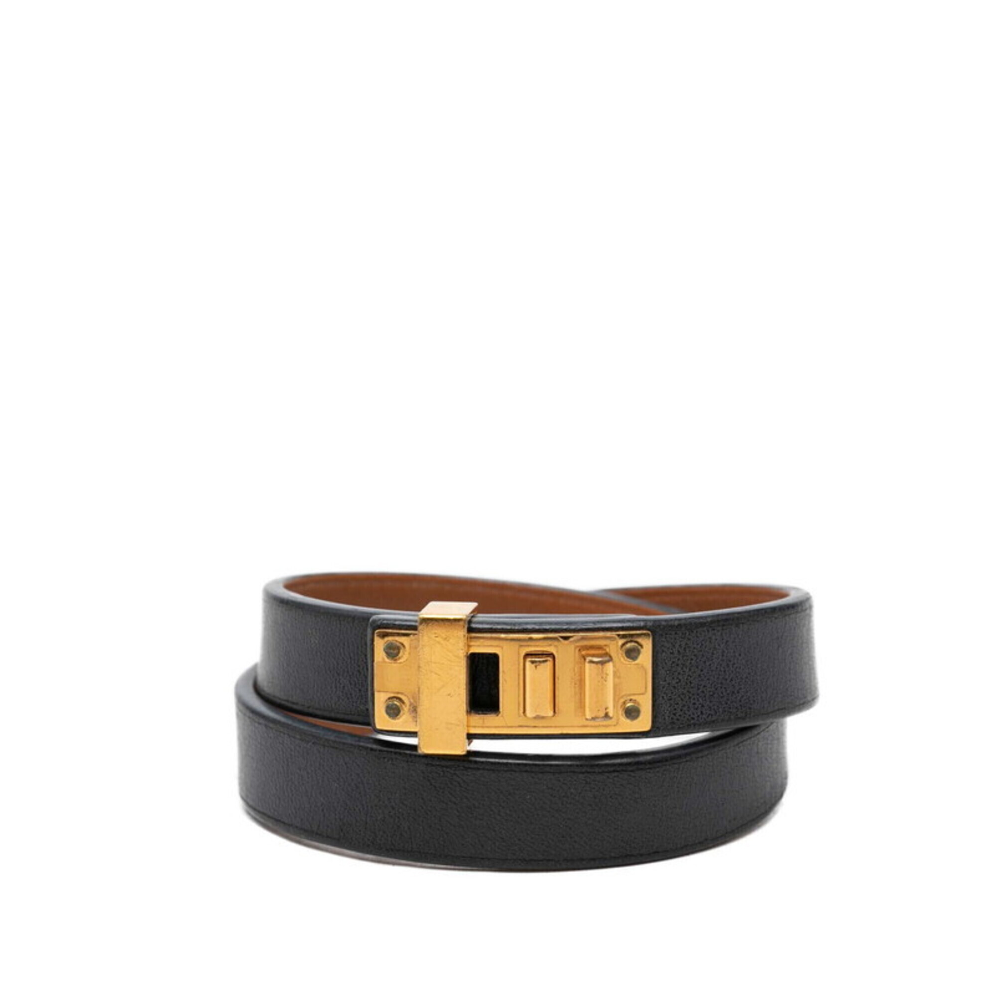 Hermes Mini Dog Double Tour Bracelet, X Stamp, Size T2, Black Gold Leather Pl...